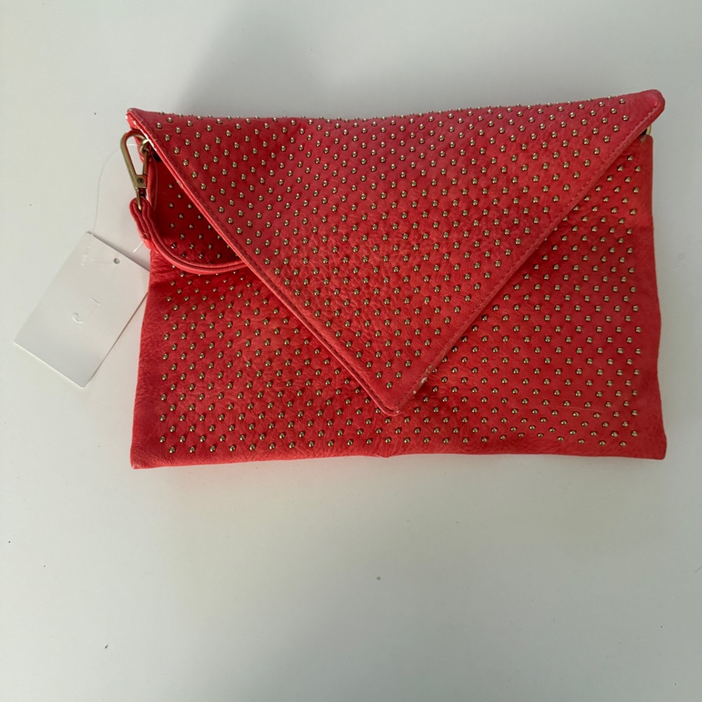 Studded Coral Envelope Vegan Leather Clutch